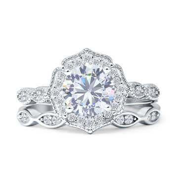 Two Piece Round Halo Floral Ring Cubic Zirconia 925 Sterling Silver Wholesale